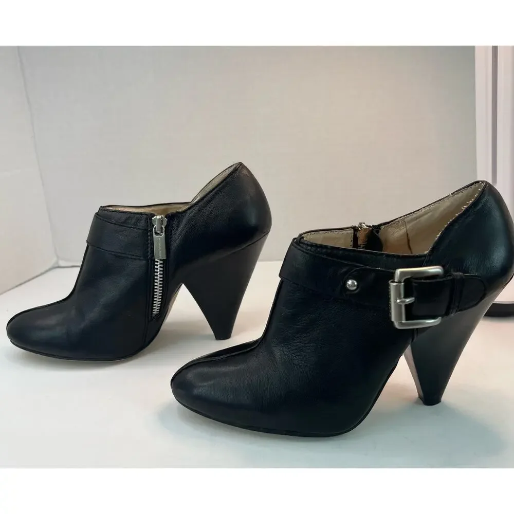 MICHAEL KORS WOMEN'S BLACK LEATHER SIDE‎ ZIP CONE HEEL ANKLE BOOTIES SIZE 7.5